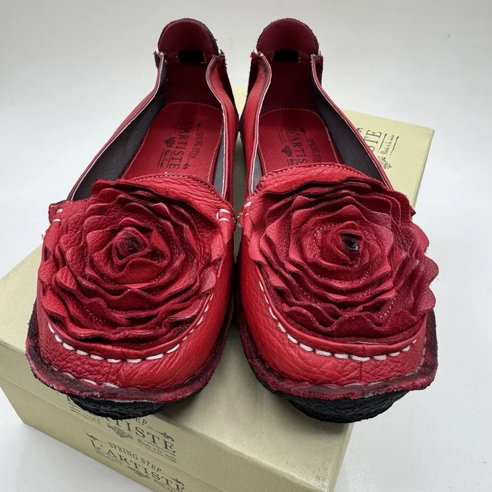 L' Artiste Spring Step Dezi Red Rose Loafers Sz 38 EU 8 US Leather Slip on Shoes